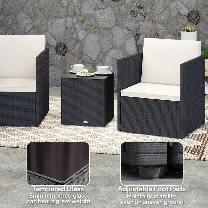 Folding Wicker Bistro Set, 3 Piece Patio Furniture Set with Cushions and Glass Coffee Table for Porch, Balcony