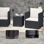 Folding Wicker Bistro Set, 3 Piece Patio Furniture Set with Cushions and Glass Coffee Table for Porch, Balcony