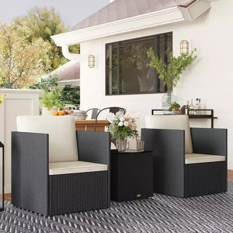 Folding Wicker Bistro Set, 3 Piece Patio Furniture Set with Cushions and Glass Coffee Table for Porch, Balcony