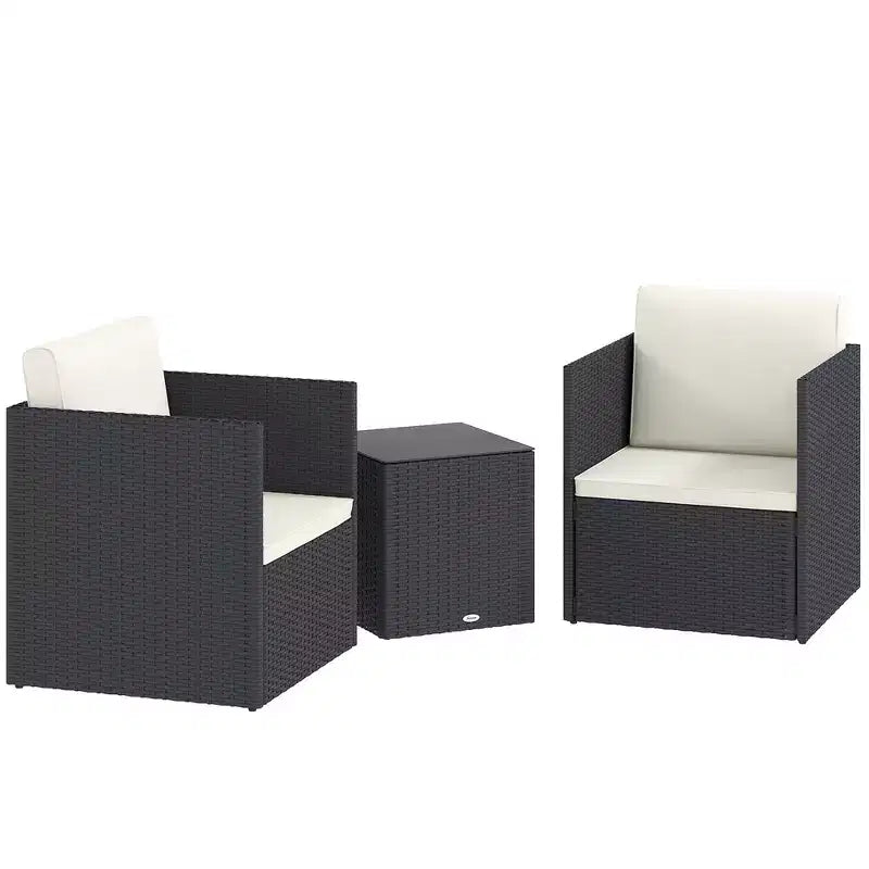 Folding Wicker Bistro Set, 3 Piece Patio Furniture Set with Cushions and Glass Coffee Table for Porch, Balcony