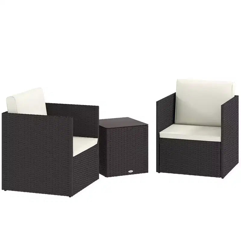 Folding Wicker Bistro Set, 3 Piece Patio Furniture Set with Cushions and Glass Coffee Table for Porch, Balcony