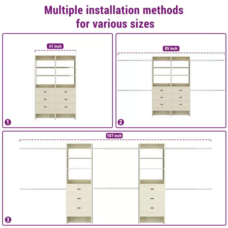 Besiost Organisateur de placard 96 pouces avec tiroirs en bois, système de rangement avec tringles de penderie réglables