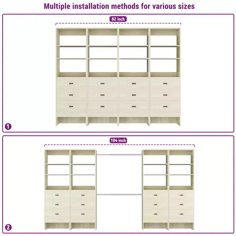 Besiost Organisateur de placard 96 pouces avec tiroirs en bois, système de rangement avec tringles de penderie réglables