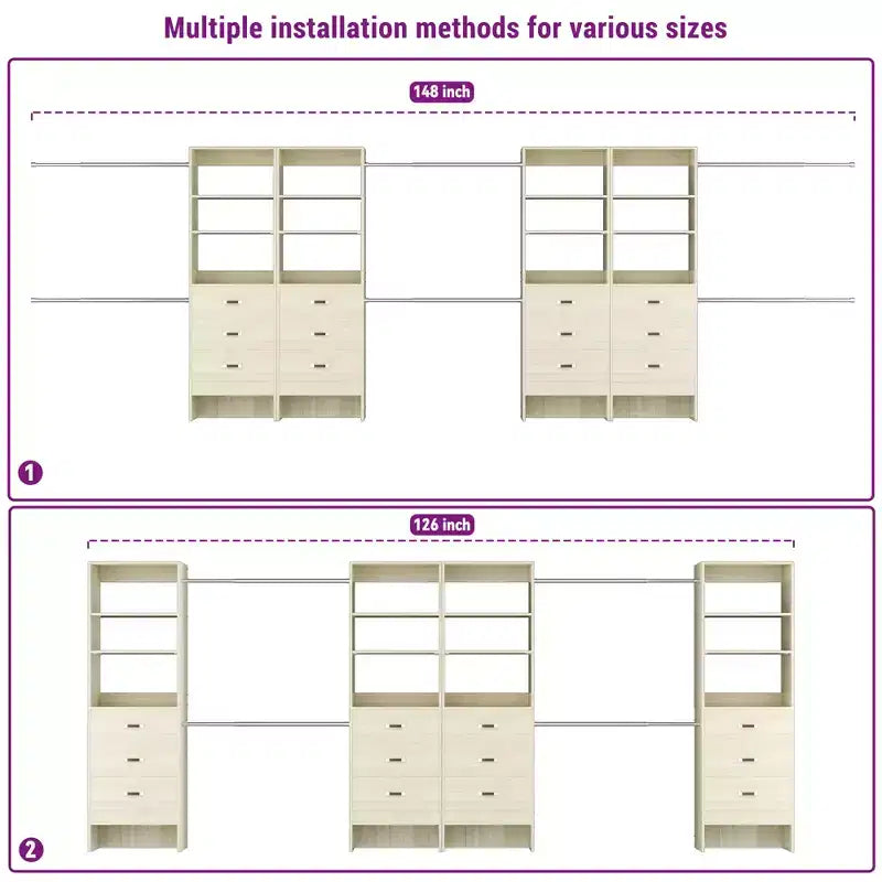 Besiost Organisateur de placard 96 pouces avec tiroirs en bois, système de rangement avec tringles de penderie réglables