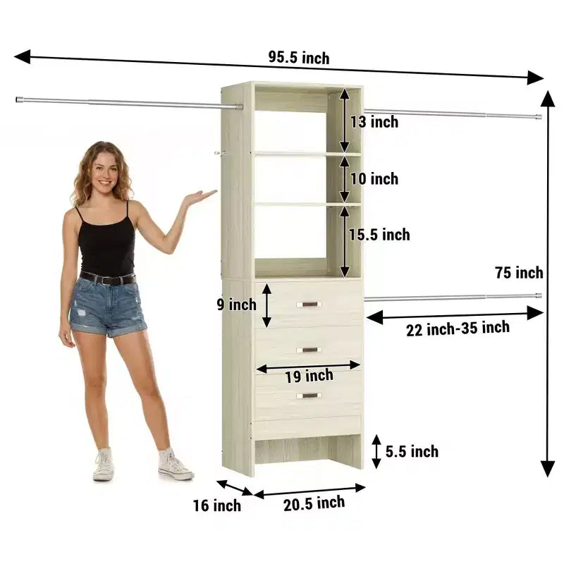 Besiost Organisateur de placard 96 pouces avec tiroirs en bois, système de rangement avec tringles de penderie réglables