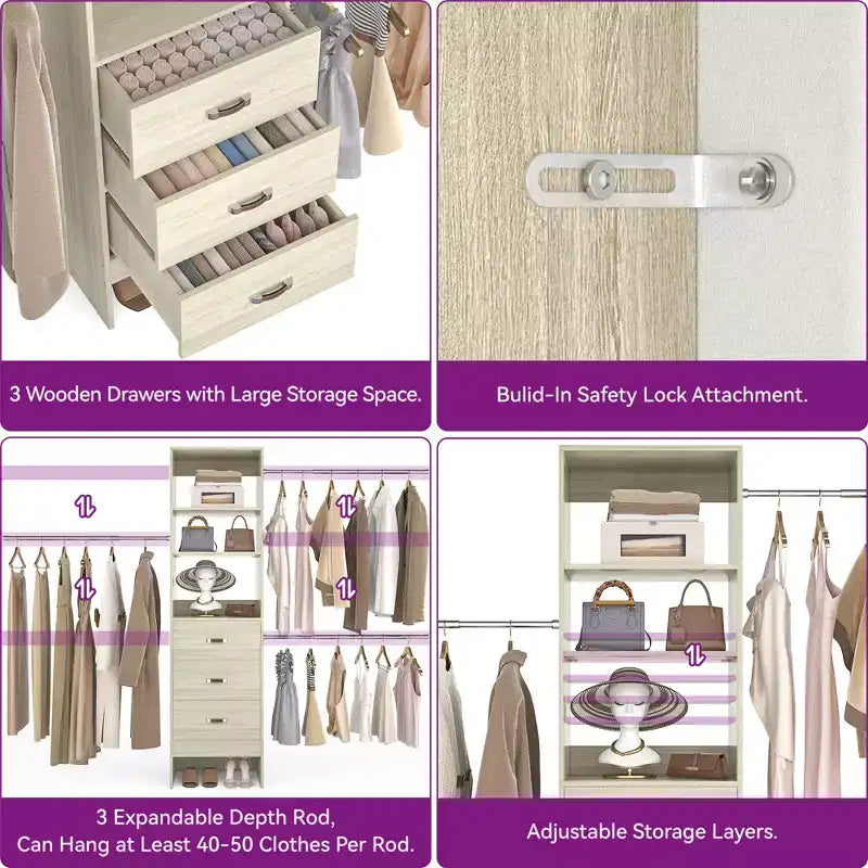 Besiost Organisateur de placard 96 pouces avec tiroirs en bois, système de rangement avec tringles de penderie réglables