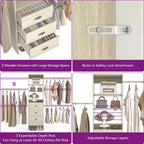 Besiost Organisateur de placard 96 pouces avec tiroirs en bois, système de rangement avec tringles de penderie réglables