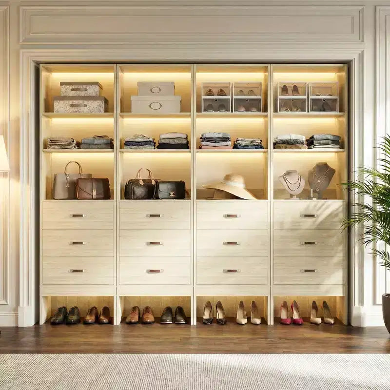 Besiost Organisateur de placard 96 pouces avec tiroirs en bois, système de rangement avec tringles de penderie réglables