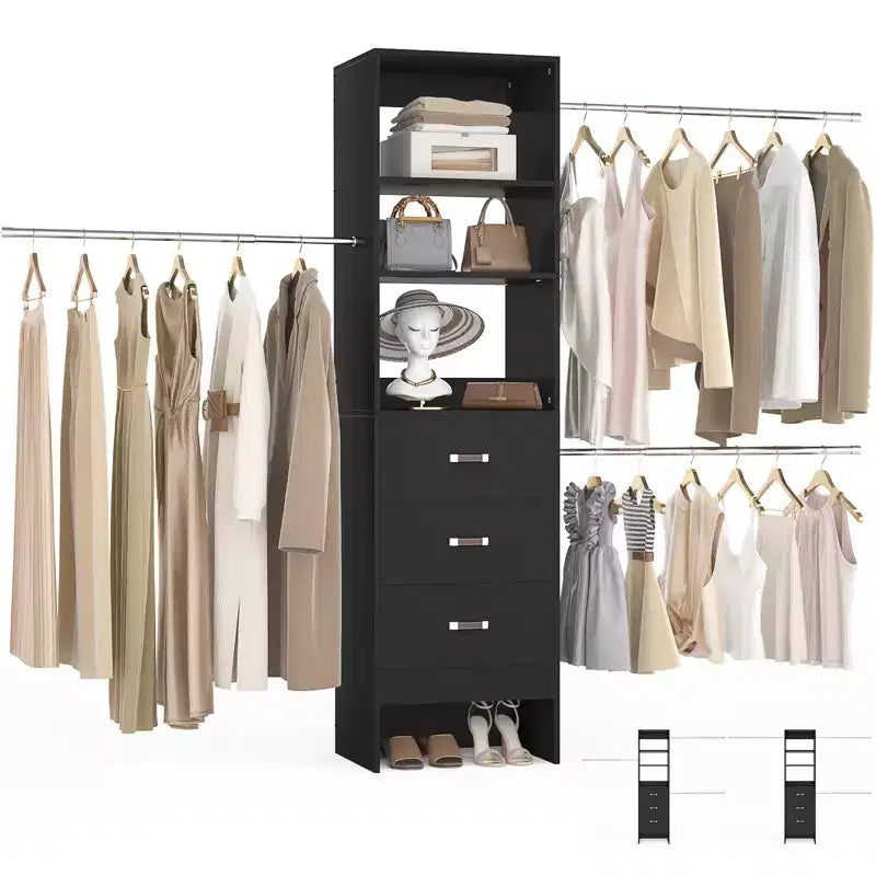 Besiost Organisateur de placard 96 pouces avec tiroirs en bois, système de rangement avec tringles de penderie réglables