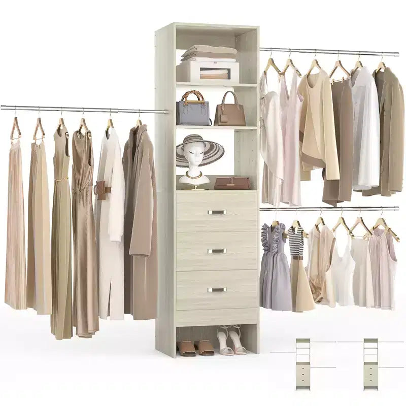 Besiost Organisateur de placard 96 pouces avec tiroirs en bois, système de rangement avec tringles de penderie réglables