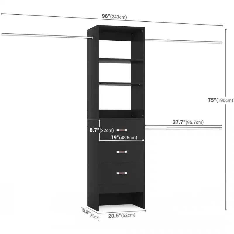 Besiost Organisateur de placard 96 pouces avec tiroirs en bois, système de rangement avec tringles de penderie réglables