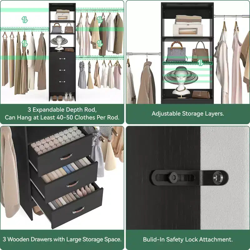 Besiost Organisateur de placard 96 pouces avec tiroirs en bois, système de rangement avec tringles de penderie réglables