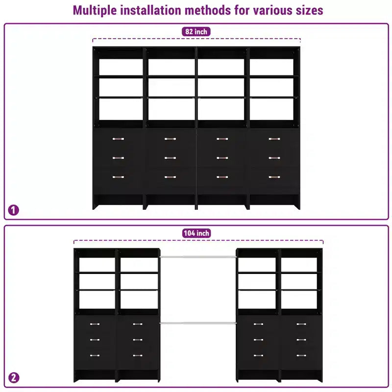 Besiost Organisateur de placard 96 pouces avec tiroirs en bois, système de rangement avec tringles de penderie réglables