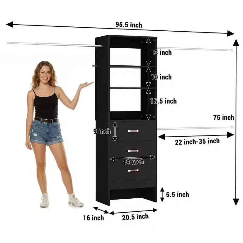 Besiost Organisateur de placard 96 pouces avec tiroirs en bois, système de rangement avec tringles de penderie réglables