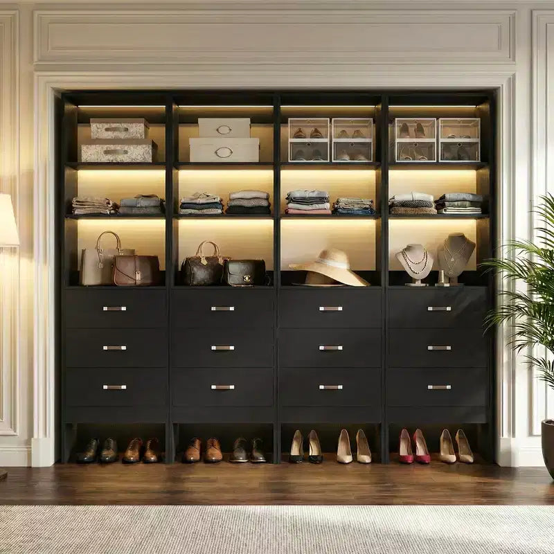 Besiost Organisateur de placard 96 pouces avec tiroirs en bois, système de rangement avec tringles de penderie réglables