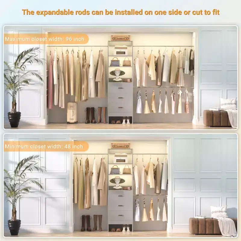 Besiost Organisateur de placard 96 pouces avec tiroirs en bois, système de rangement avec tringles de penderie réglables