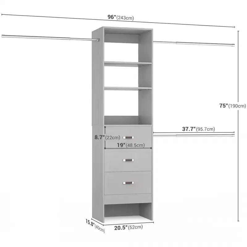 Besiost Organisateur de placard 96 pouces avec tiroirs en bois, système de rangement avec tringles de penderie réglables