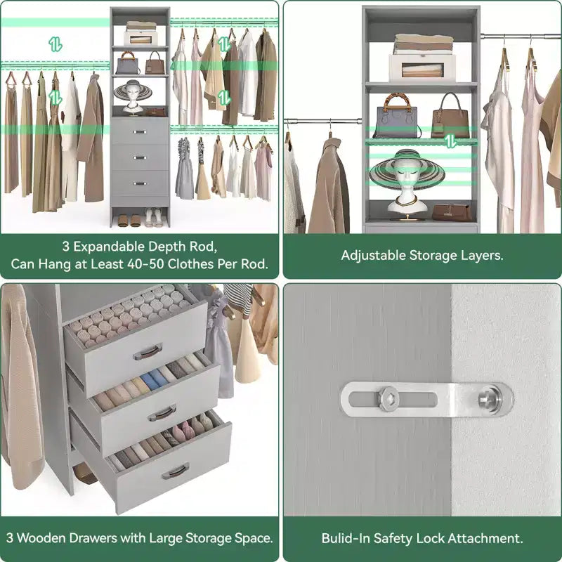 Besiost Organisateur de placard 96 pouces avec tiroirs en bois, système de rangement avec tringles de penderie réglables