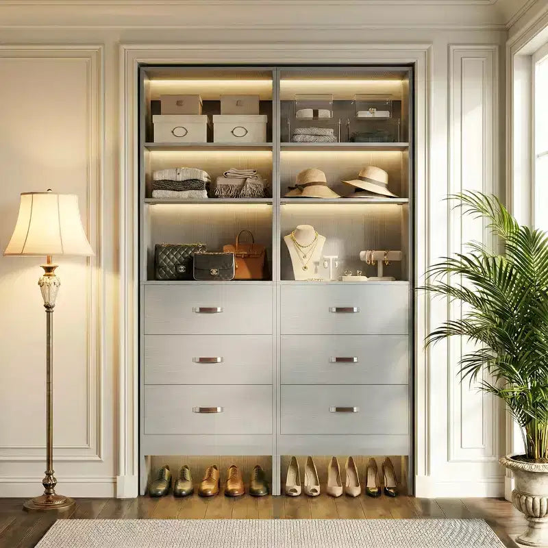 Besiost Organisateur de placard 96 pouces avec tiroirs en bois, système de rangement avec tringles de penderie réglables