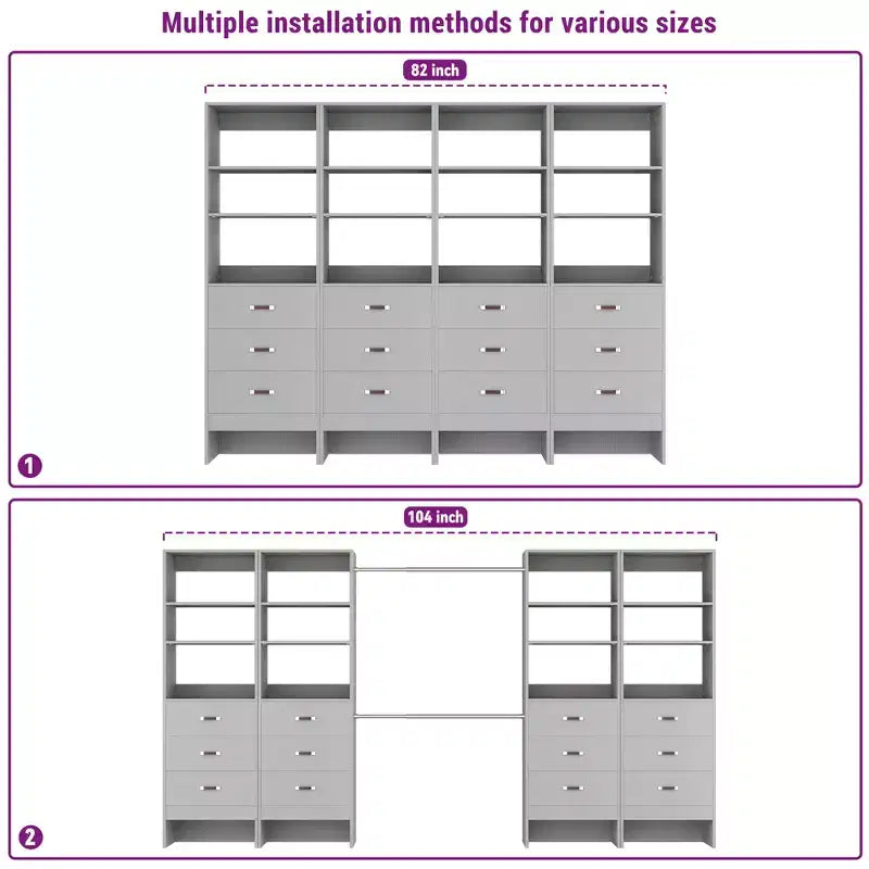 Besiost Organisateur de placard 96 pouces avec tiroirs en bois, système de rangement avec tringles de penderie réglables