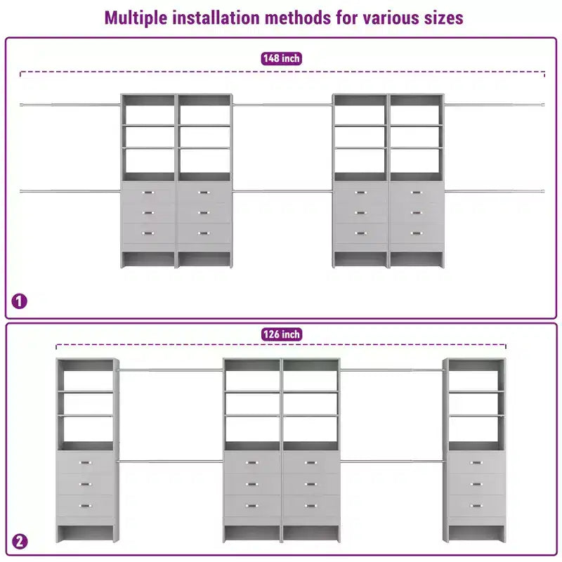 Besiost Organisateur de placard 96 pouces avec tiroirs en bois, système de rangement avec tringles de penderie réglables