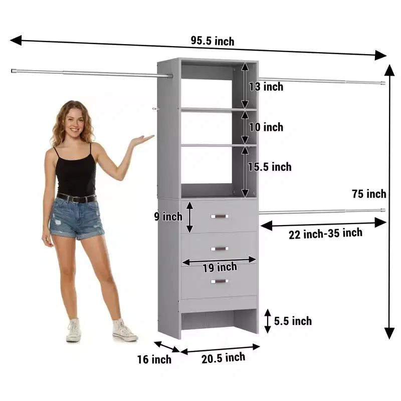 Besiost Organisateur de placard 96 pouces avec tiroirs en bois, système de rangement avec tringles de penderie réglables