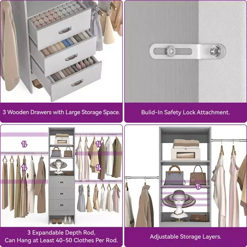 Besiost Organisateur de placard 96 pouces avec tiroirs en bois, système de rangement avec tringles de penderie réglables