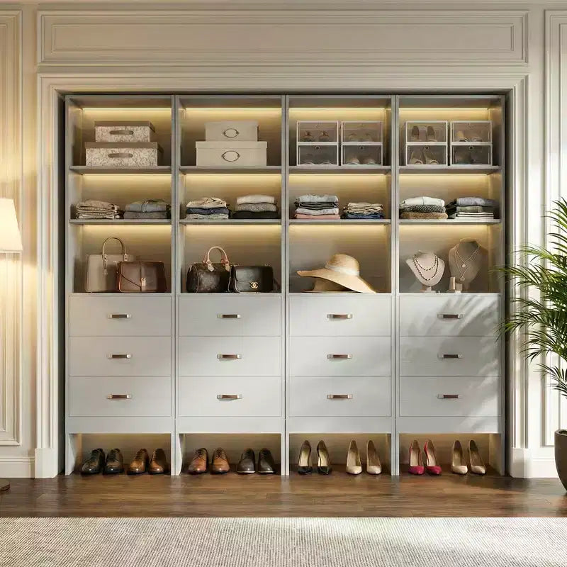 Besiost Organisateur de placard 96 pouces avec tiroirs en bois, système de rangement avec tringles de penderie réglables