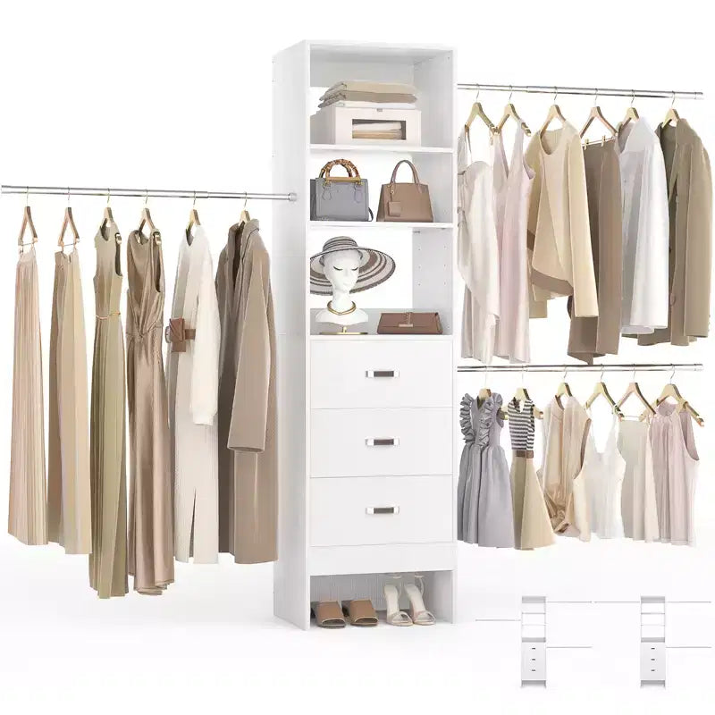 Besiost Organisateur de placard 96 pouces avec tiroirs en bois, système de rangement avec tringles de penderie réglables