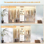 Besiost Organisateur de placard 96 pouces avec tiroirs en bois, système de rangement avec tringles de penderie réglables