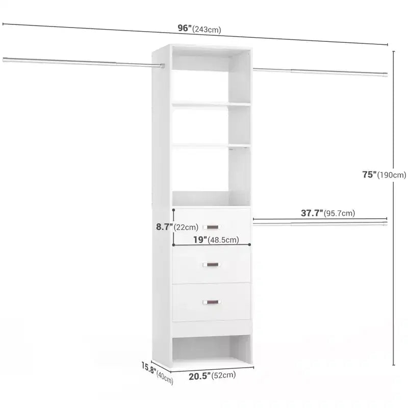 Besiost Organisateur de placard 96 pouces avec tiroirs en bois, système de rangement avec tringles de penderie réglables