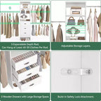 Besiost Organisateur de placard 96 pouces avec tiroirs en bois, système de rangement avec tringles de penderie réglables
