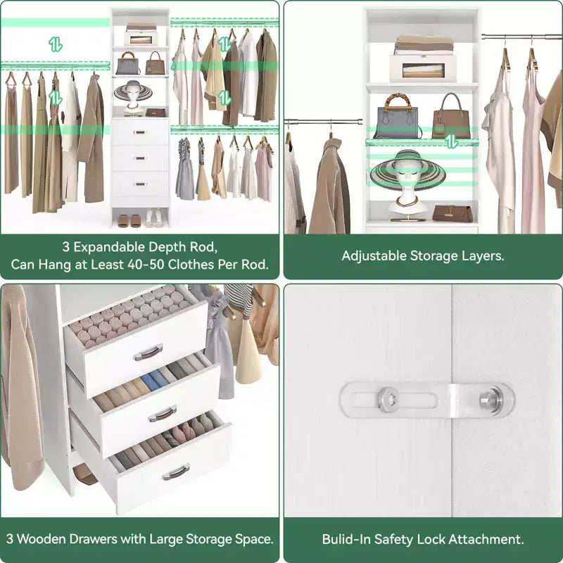 Besiost Organisateur de placard 96 pouces avec tiroirs en bois, système de rangement avec tringles de penderie réglables