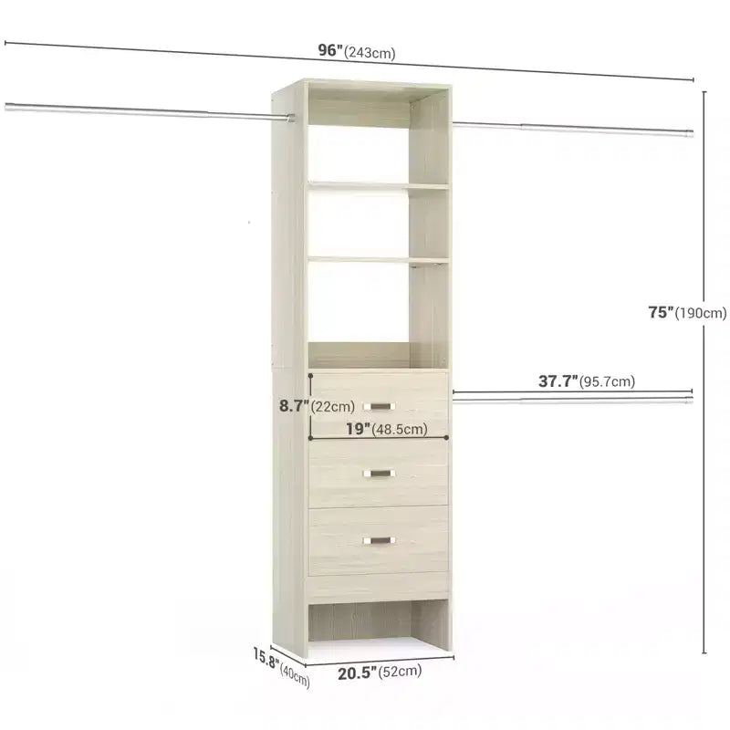 Besiost Organisateur de placard 96 pouces avec tiroirs en bois, système de rangement avec tringles de penderie réglables