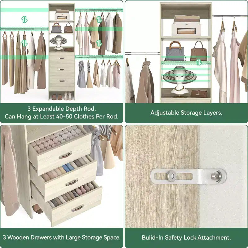Besiost Organisateur de placard 96 pouces avec tiroirs en bois, système de rangement avec tringles de penderie réglables