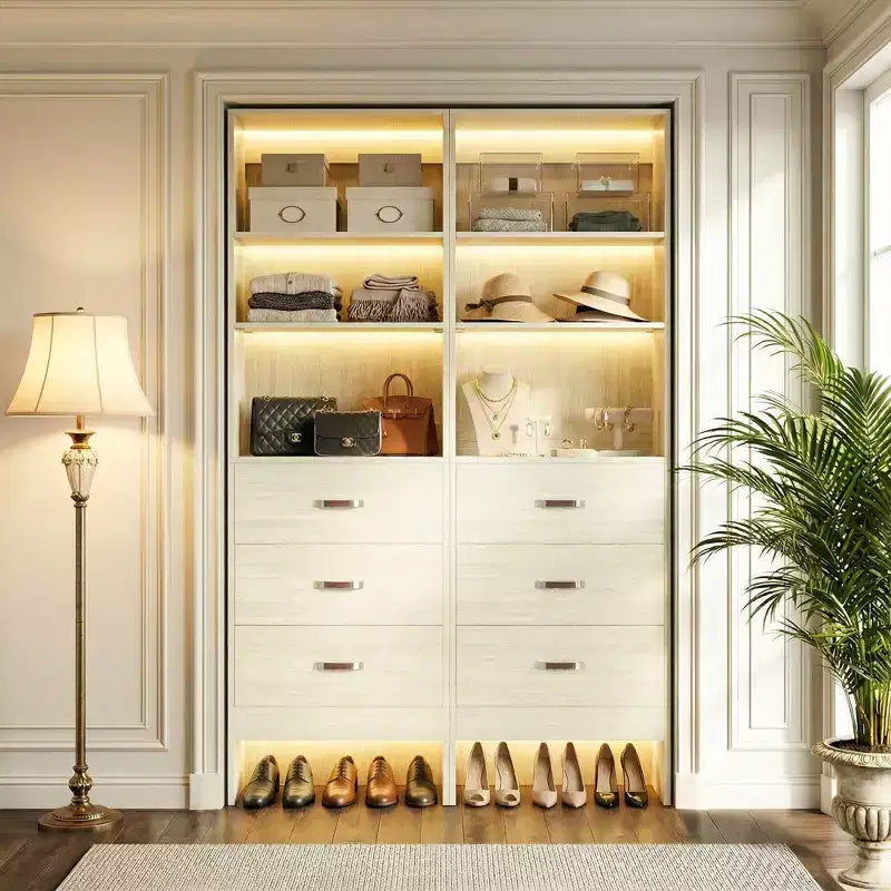 Besiost Organisateur de placard 96 pouces avec tiroirs en bois, système de rangement avec tringles de penderie réglables