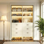 Besiost Organisateur de placard 96 pouces avec tiroirs en bois, système de rangement avec tringles de penderie réglables