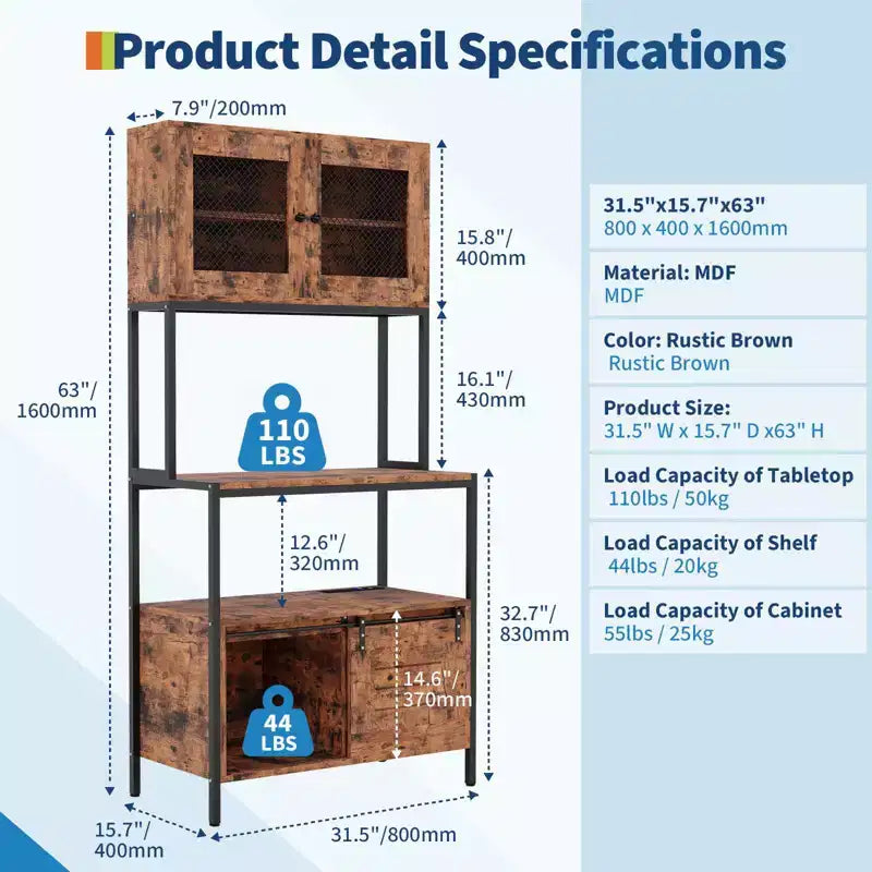 Kitchen Bakers Rack, 6 Tier Coffee Bar 63in Industrial Microwave Stand Rack with Storage Cabinet Shelves and Power Outlet for Dining Room Living Room