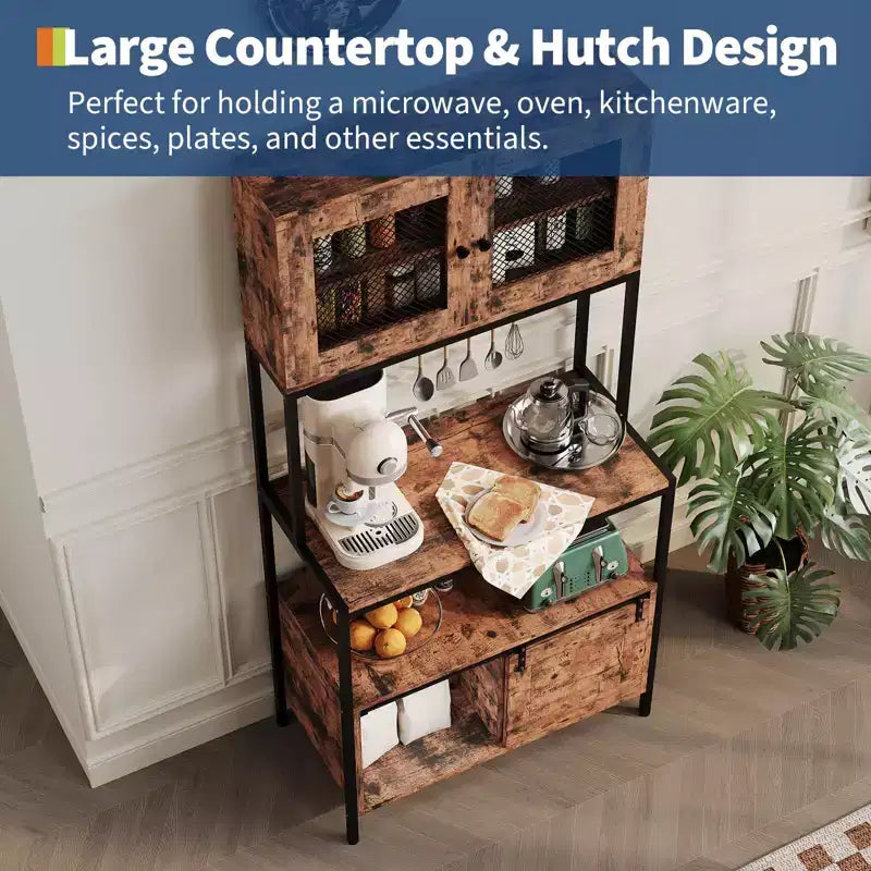 Kitchen Bakers Rack, 6 Tier Coffee Bar 63in Industrial Microwave Stand Rack with Storage Cabinet Shelves and Power Outlet for Dining Room Living Room