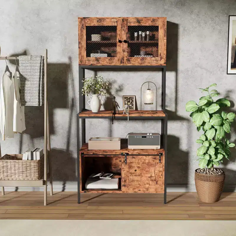 Kitchen Bakers Rack, 6 Tier Coffee Bar 63in Industrial Microwave Stand Rack with Storage Cabinet Shelves and Power Outlet for Dining Room Living Room
