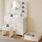 Coiffeuse de maquillage 35" avec miroir et lumières, petite table de maquillage avec 4 tiroirs en tissu et étagères ouvertes, coiffeuse pour chambre à coucher