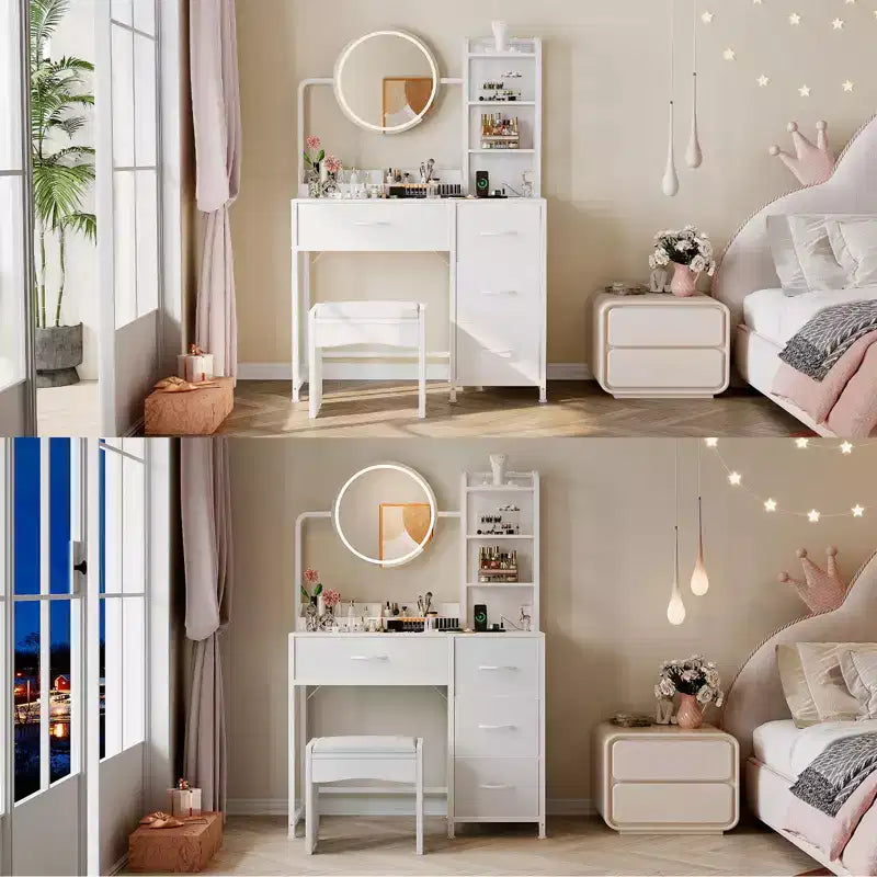 Coiffeuse de maquillage 35" avec miroir et lumières, petite table de maquillage avec 4 tiroirs en tissu et étagères ouvertes, coiffeuse pour chambre à coucher