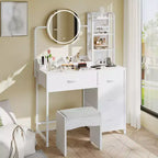 Coiffeuse de maquillage 35" avec miroir et lumières, petite table de maquillage avec 4 tiroirs en tissu et étagères ouvertes, coiffeuse pour chambre à coucher
