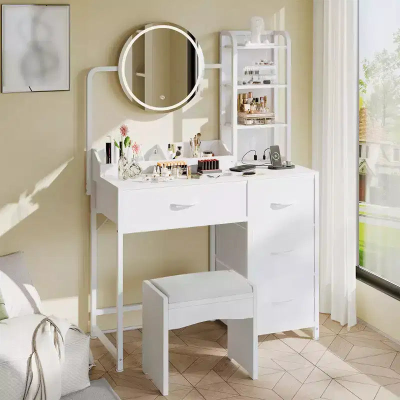 Coiffeuse de maquillage 35" avec miroir et lumières, petite table de maquillage avec 4 tiroirs en tissu et étagères ouvertes, coiffeuse pour chambre à coucher