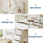 Coiffeuse de maquillage 35" avec miroir et lumières, petite table de maquillage avec 4 tiroirs en tissu et étagères ouvertes, coiffeuse pour chambre à coucher