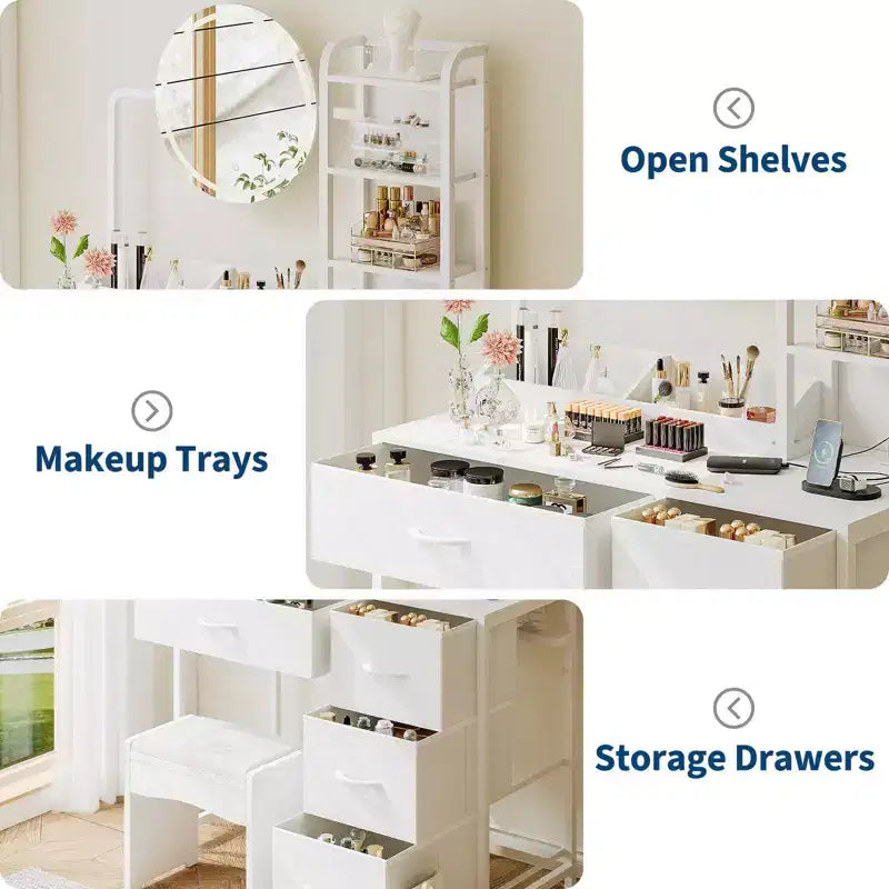Coiffeuse de maquillage 35" avec miroir et lumières, petite table de maquillage avec 4 tiroirs en tissu et étagères ouvertes, coiffeuse pour chambre à coucher