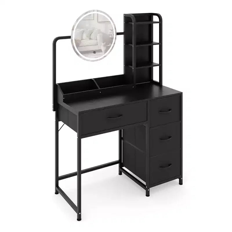 Coiffeuse de maquillage 35" avec miroir et lumières, petite table de maquillage avec 4 tiroirs en tissu et étagères ouvertes, coiffeuse pour chambre à coucher