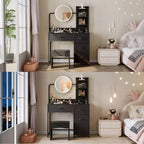 Coiffeuse de maquillage 35" avec miroir et lumières, petite table de maquillage avec 4 tiroirs en tissu et étagères ouvertes, coiffeuse pour chambre à coucher