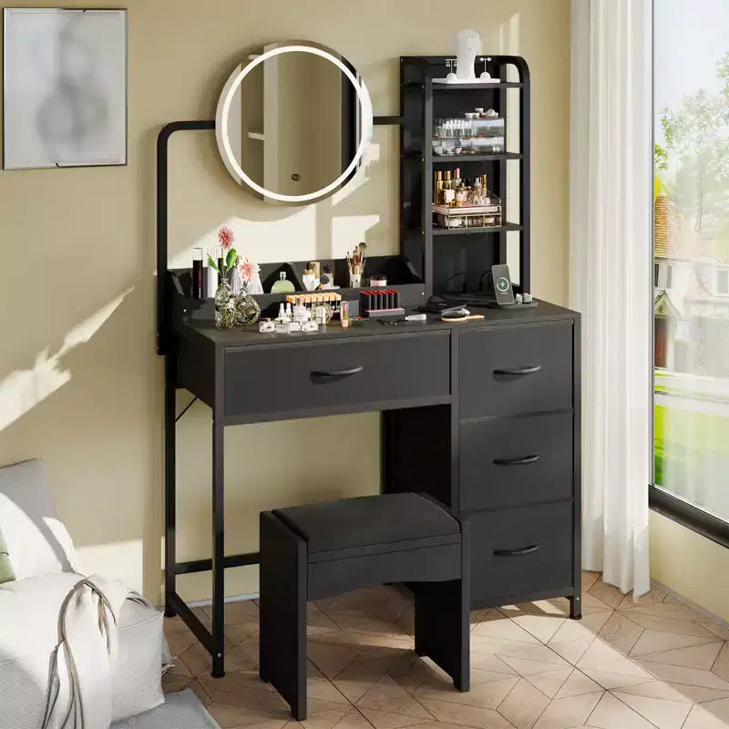 Coiffeuse de maquillage 35" avec miroir et lumières, petite table de maquillage avec 4 tiroirs en tissu et étagères ouvertes, coiffeuse pour chambre à coucher