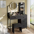 Coiffeuse de maquillage 35" avec miroir et lumières, petite table de maquillage avec 4 tiroirs en tissu et étagères ouvertes, coiffeuse pour chambre à coucher